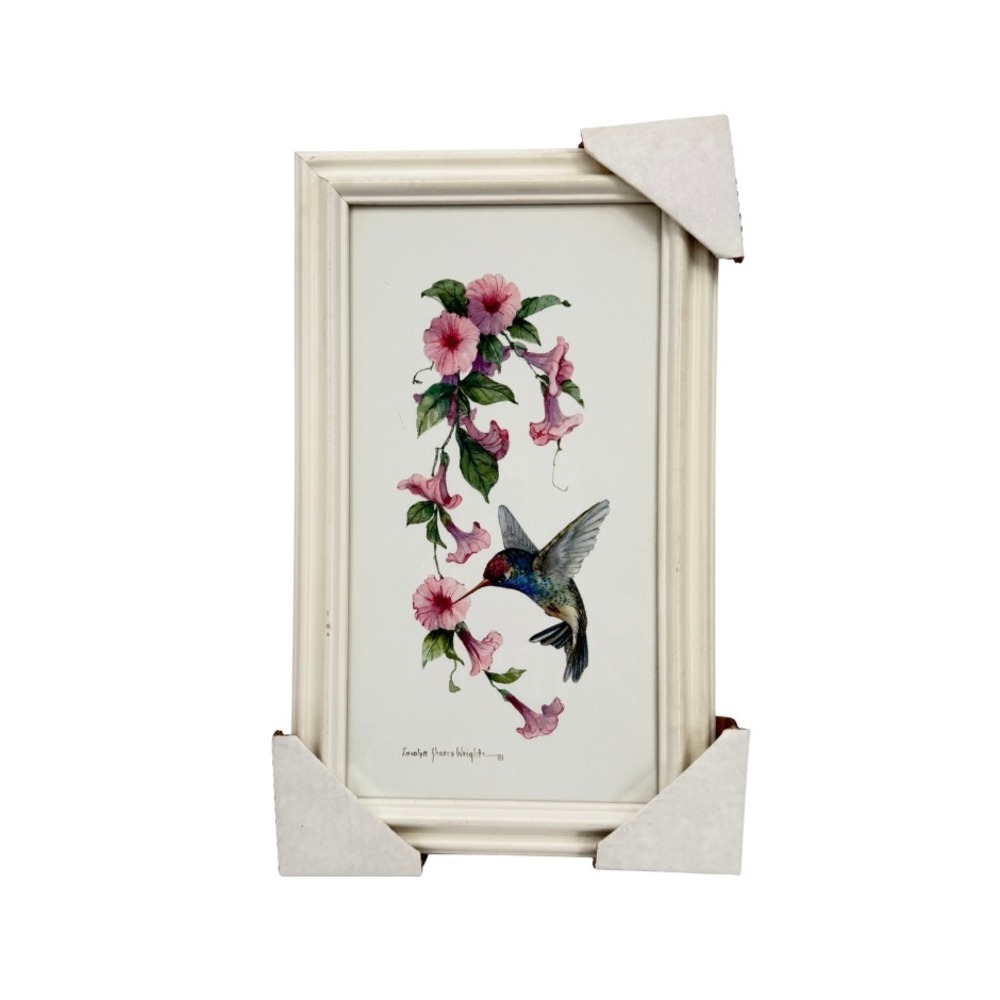 Carolyn Shores Wright Framed Art Hummingbird Floral Cream Cottagecore